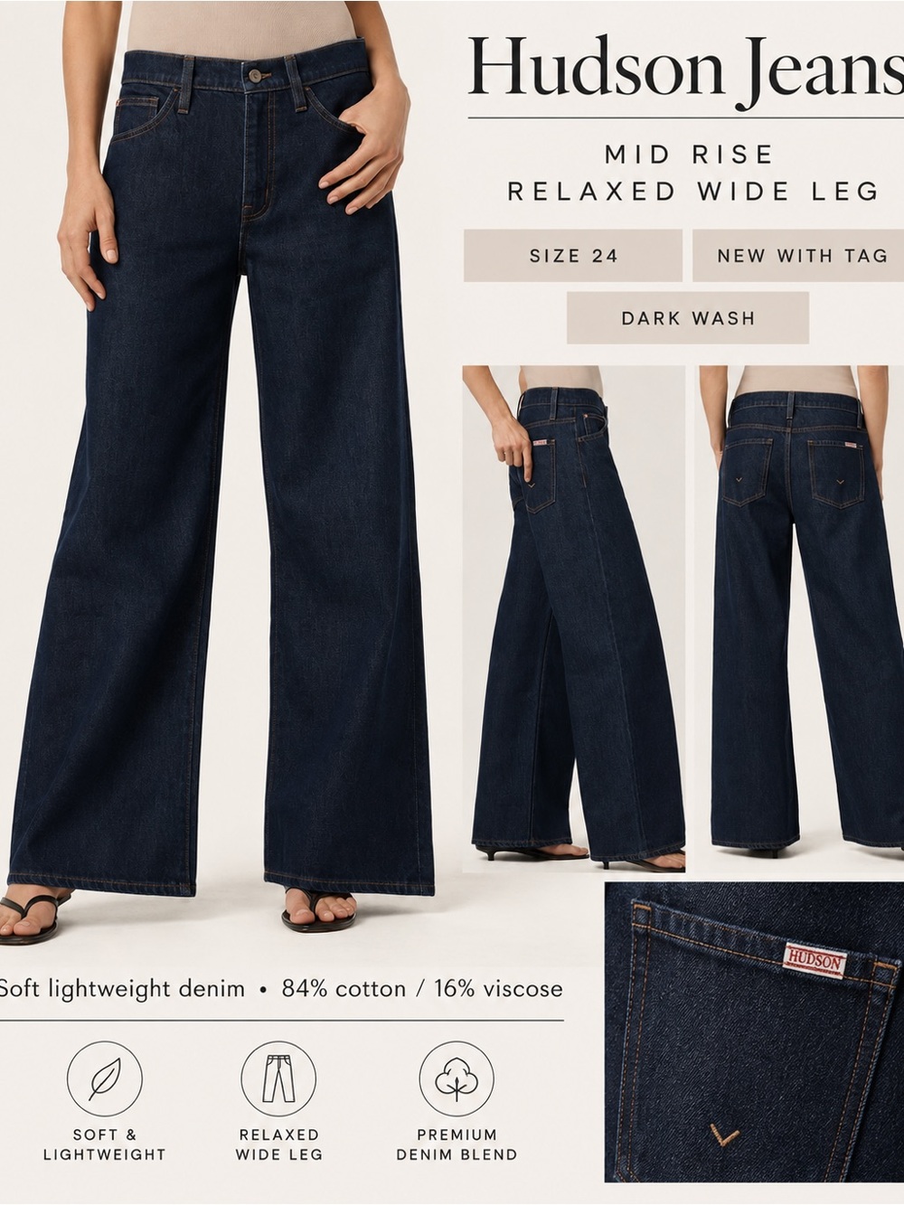 Hudson Jeans Dark Blue Mid-Rise Wide Leg Jeans size 24 NWT